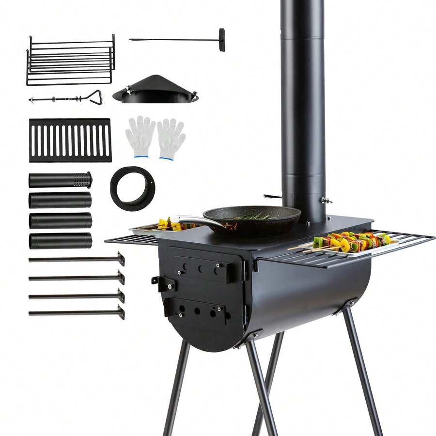 Portable Wood Stove Camping Hot Tent BBQ Stove 118 In For Outdoor W/ Pipes