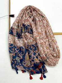 1 chiếc khăn quàng cổ in họa tiết đơn giản, nhẹ và thoáng khí có tua rua, thiết kế thanh lịch và thời trang, khăn quàng cổ lụa đa năng dành cho nữ, thích hợp cho mùa xuân/hè, sử dụng ngoài trời/bãi biển để mặc trang phục - bột da - Xem 3