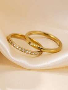 2pcs Exquisite Stainless Steel Rings With 1 Diamond And 16 Diamonds, Luxury Titanium Steel Jewelry Suitable For Teenagers And Best Friends, Daily Wear