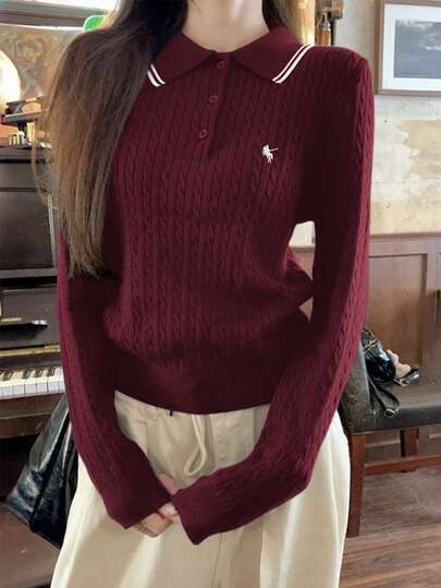 Vera Lane 女款韩版休闲优雅端庄复古风 Y2K 纯色简约Polo领长袖上衣毛衣T恤