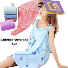 Szlafrok z nadrukiem kreskówkowym, 1/3 szt., spaghetti straps + czepek prysznicowy, zestaw, różne kolory. Przenośny strój kąpielowy, szlafrok bez ramiączek, superchłonny, szybkoschnący, miękki i przyjazny dla skóry, niepylący i łatwy w praniu. Nadaje się do łazienek, domu i salonów kosmetycznych. - Szlafrok (rozmiar: 70*150 cm) Czepek do suszenia włosów (rozmiar: 32*66 cm) - Wielokolorowy losowy - Zobacz 1