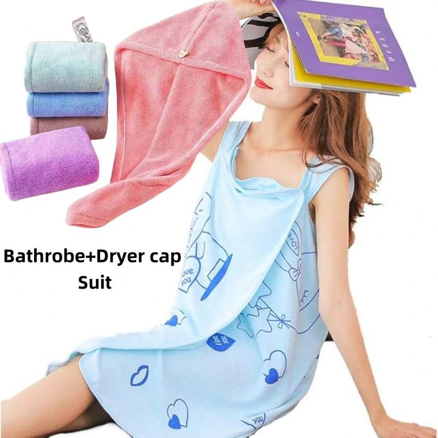 Szlafrok z nadrukiem kreskówkowym, 1/3 szt., spaghetti straps + czepek prysznicowy, zestaw, różne kolory. Przenośny strój kąpielowy, szlafrok bez ramiączek, superchłonny, szybkoschnący, miękki i przyjazny dla skóry, niepylący i łatwy w praniu. Nadaje się do łazienek, domu i salonów kosmetycznych. - Szlafrok (rozmiar: 70*150 cm) Czepek do suszenia włosów (rozmiar: 32*66 cm) - Wielokolorowy losowy - Zobacz 1