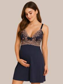 Postpartum And Maternity Nursing Nightgown With No Pads And Two-Tone Lace. - 藏蓝色 - 查看 2