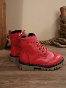 女童纯红色秋冬中筒靴，柔软仿皮设计时尚靴子，厚底防滑儿童靴子，适合圣诞节、万圣节、秋冬季，带保暖衬里 - 紅色 - 查看 4