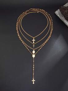 4pcs Vintage Punk Cross Pendant Necklaces, Men's Personalized Hip-Hop Metal Beaded Y-Necklace, Suitable For Casual, Party, Couple Jewelry, Holiday Gift