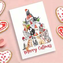 1pc Amusing Cat - Themed Xmas Card, "Merry Catmas" Festive Message, Paper Craft, Ideal For Family & Feline Fans, Quirky Christmas Decoration, Includes Envelope - Multicolor - View 2