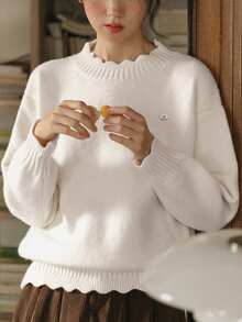 Alicedudu Women's Vintage Minimalist Wave Hem Crew Neck Sweater, Autumn/Winter