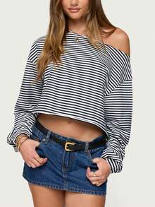 Womens Off Shoulder Sweatshirt Drop Shoulder Oversized Long Sleeve Pullover Top Going Out Y2k Shirts - 藏蓝色 - 查看 1
