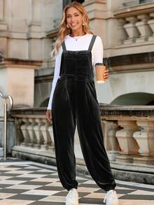 Women's Velvet Overall Jumpsuit Casual Loose Fit Overalls Adjustable Straps Dressy Romper Fall Outfits - 黑色 - 查看 3