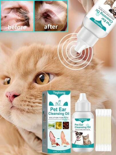 YEGBONG Cat And Dog Ear Drops 30ml, Cat And Dog Ear Cleaning Liquid, Special Ear Cleaning Liquid, Effectively Removes Earwax, Cleans Ear Canal Stains, Eliminates Odors, Including 10 Cotton Swabs