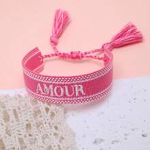1 件手工刺绣法国“AMOUR”创意复古风格手链，适合情侣、节日礼物、祝福绳 - 粉色 - 查看 4