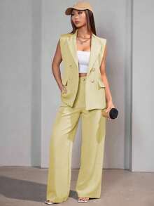 MODA MO, REF: AS-1347 Women's Casual Suit Vest | Elegant Tailored Set | Sophisticated Look | Women's 2-Piece Blazer | Refined Style | Versatile For Casual Or Formal Occasions | Size S, M, L | High Quality | Comfort And Style - 黃色 - 查看 6