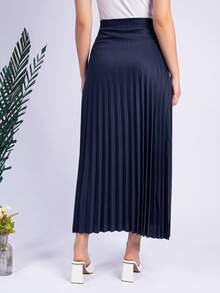 Long Pleated Skirt, Plain, Fashion 2025 - 藏蓝色 - 查看 2