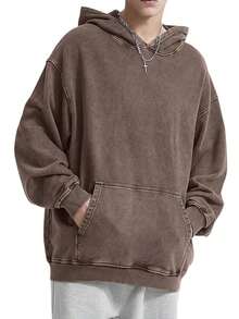 2-Piece Set  400g Heavyweight Fabric Men's Solid Color Drop Shoulder Long Sleeve Drawstring Pocket Casual Hoodie, Autumn/Winter,Back To School  Street Life  Vintage Washed Oversized Hoodie Sweatshirt (With Reinforced Neckline, Hemline And Shoulder Seams To Prevent Deformation) Discounted Basic Model Polyester Cotton - 咖色+灰色 - 查看 4