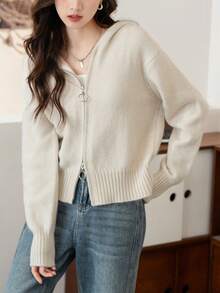 女士百搭双拉链连帽开衫，秋冬 - 米色 - 查看 5