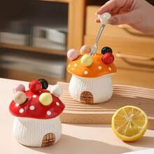 1 Set Of 7 Pieces With 6 Forks & 1 Base Ceramic Mushroom Shape Dessert Fruit Cake Fork Set With 304 Stainless Steel Forks - Suitable For Fruit, Dessert, Party Party Furniture Decoration, Christmas Gift Party Decoration