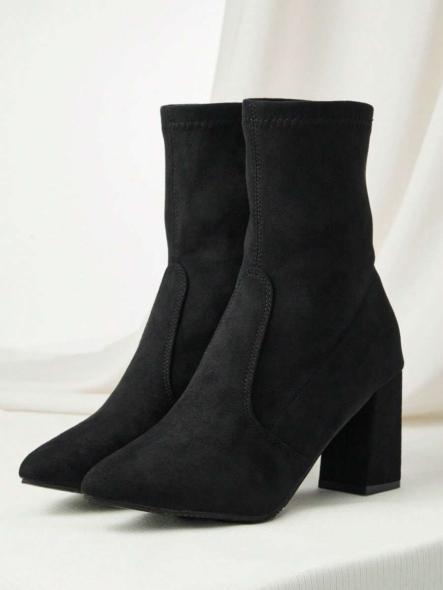 2025新款经典尖头粗跟女式踝靴，百搭时尚短靴，弹力中筒靴，母亲节圣诞节冬季礼物 - 黑色 - 查看 1