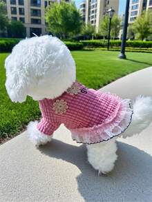 Adorable Pink Dog Dress With Lace & Flower Embroidery, Fashion Pet Outfit For Daily & Party Wear, Ideal Xmas & Halloween Gift For Small Dog Owners