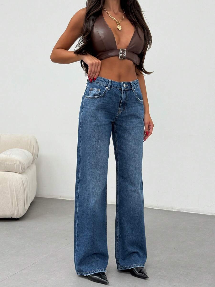 SQUALO Women's Gray Washed Straight Leg High Waist Jeans