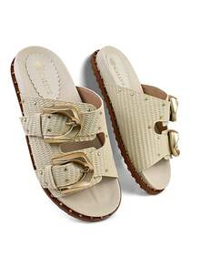 Women's Raffia Flat Sandals Buckles Metal Applications Comfortable Soft Promotion KALLYS 0222 - White - View 3