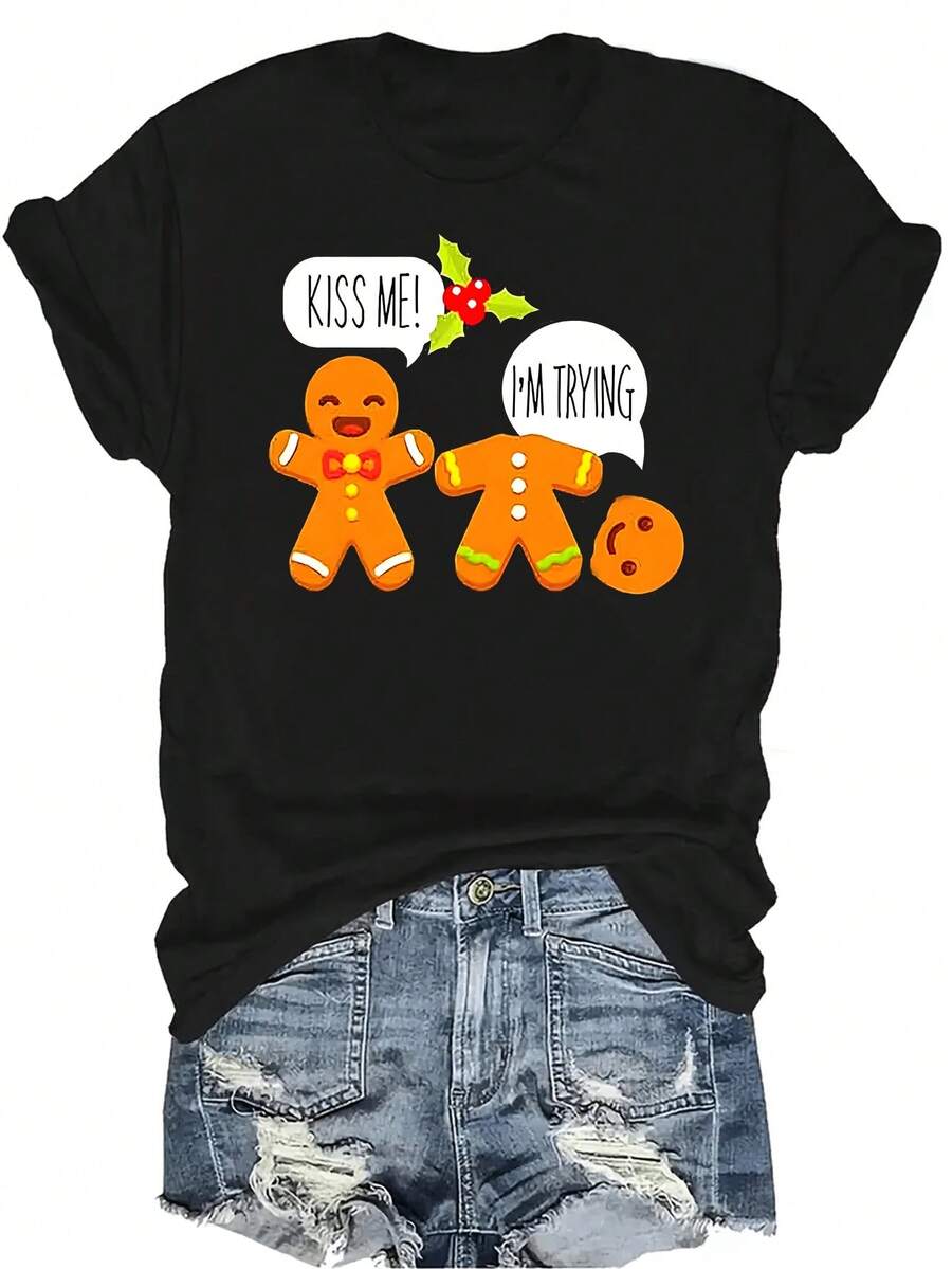 Camiseta con letras y patrones divertidos, unisex, de verano, casual, transpirable, con personalidad, cuello redondo, manga corta, ropa de calle, versátil, adecuada para adolescentes y adultos - Negro - Ver 1