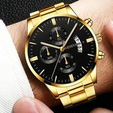 Men's Watch, Calendar Function, Business And Casual Styles, Round Dial Quartz Watch, Suitable For Everyday Wear, Back-To-School Season, Graduation Season, Thanksgiving, And Couples' Outfits; An Excellent Gift Choice; Does Not Include A Watch Box - Gold - View 2