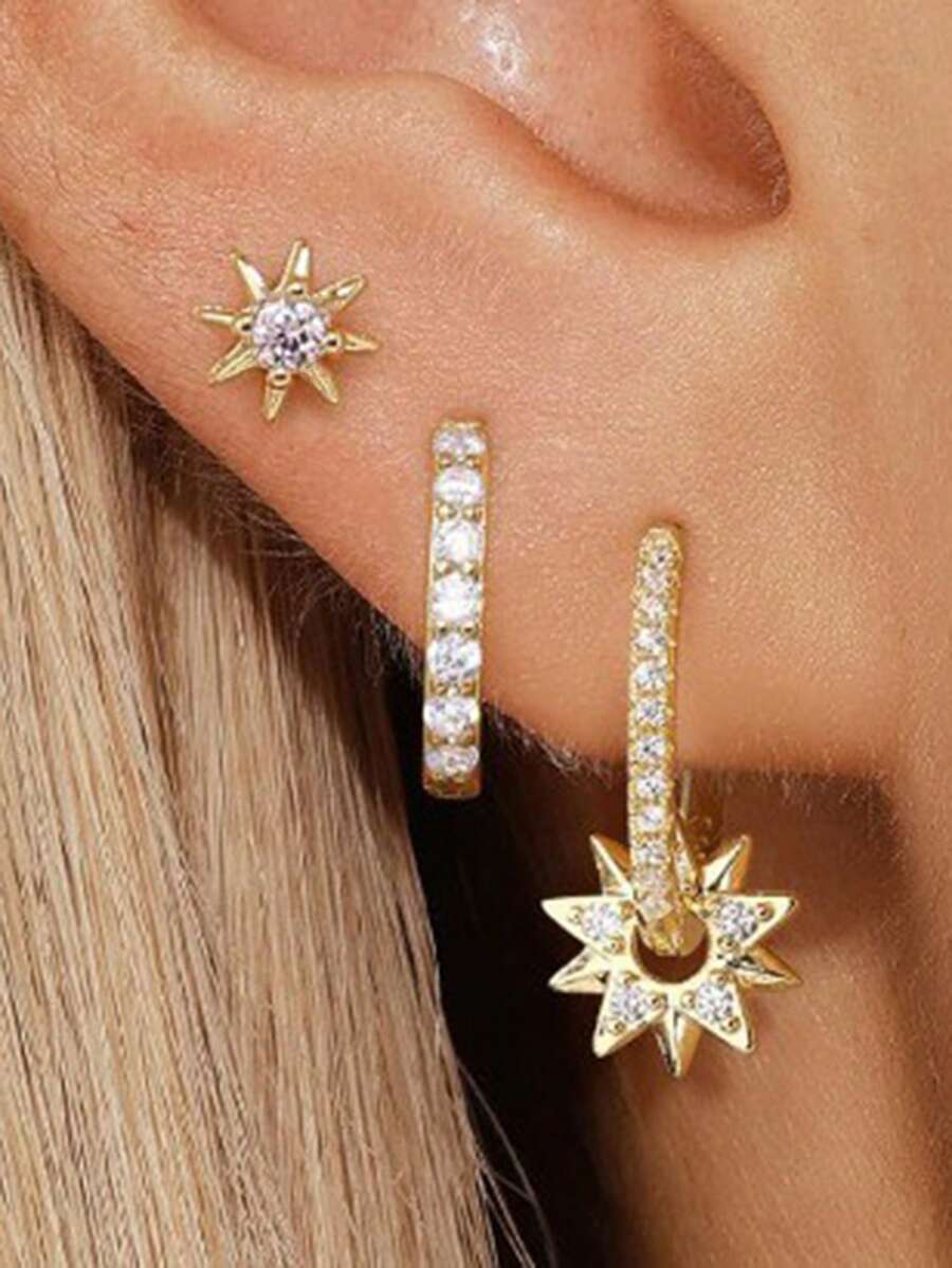 rakol Bộ 6 đôi bông tai hình ngôi sao và mặt trăng bằng đá Cubic Zirconia sáng bóng, màu đồng sang trọng, quà tặng cho phụ nữ. - Phong cách 3 - Xem 1