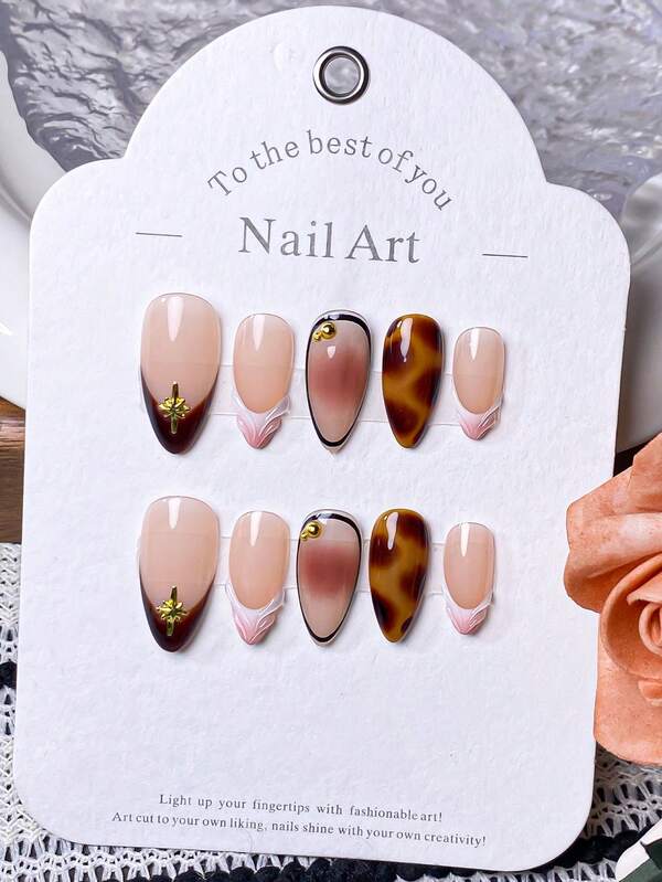 10 peças de unhas curtas press-on feitas à mão, unhas curtas, pontas de unhas francesas, unhas com estampa de leopardo, unhas vermelhas, unhas pretas, unhas rosas, unhas brancas, linda estampa de leopardo pintada à mão semelhante a âmbar, estrelas douradas e pequenas contas de aço decoram a superfície da unha, vem com ferramentas de nail art, adequadas para unhas press-on femininas e femininas.