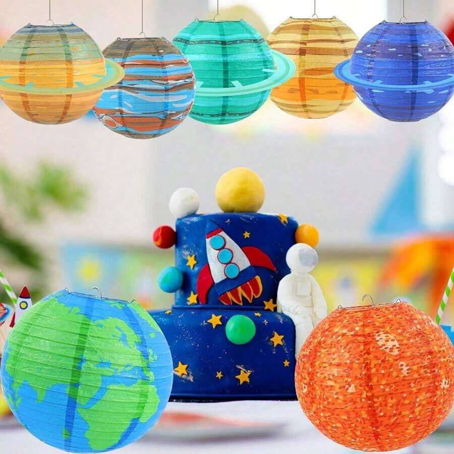 8 件套外太空派对装饰，悬挂星球纸灯笼，宇航员星系派对装饰，太阳系星球装饰与星系太空主题生日派对房间天花板装饰兼容 - 彩色 - 查看 1