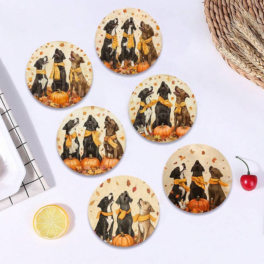 6 pièces/set ou 420 pièces/70 sets Dessous de verre imprimés avec chiots et citrouilles d'automne, 10 cm/2 mm d'épaisseur, avec fond en caoutchouc souple absorbant. Dessous de verre décoratifs en caoutchouc souple, convenant pour les tasses, la décoration de la cuisine et de la table à manger.