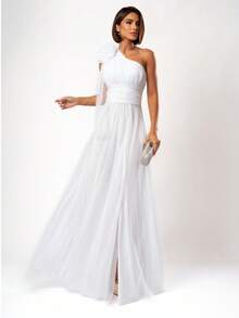 LONG WEDDING PARTY DRESS FOR GODMOTHER IN TULLE WITH FLOWER ON THE SHOULDER - WHITE - View 1