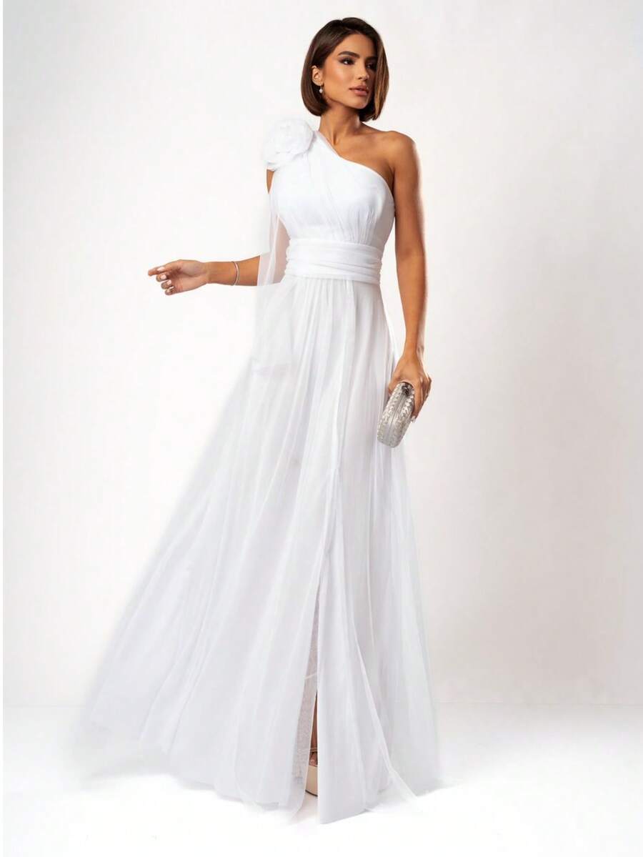 LONG WEDDING PARTY DRESS FOR GODMOTHER IN TULLE WITH FLOWER ON THE SHOULDER - WHITE - View 1