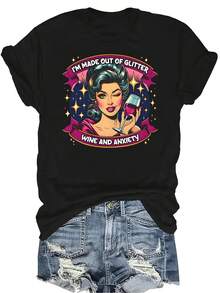 Camiseta de ansiedad con brillo para vino, unisex, de verano, casual, transpirable, con personalidad, de cuello redondo, de manga corta, de uso versátil, adecuada para adolescentes y adultos - Negro - Ver 1