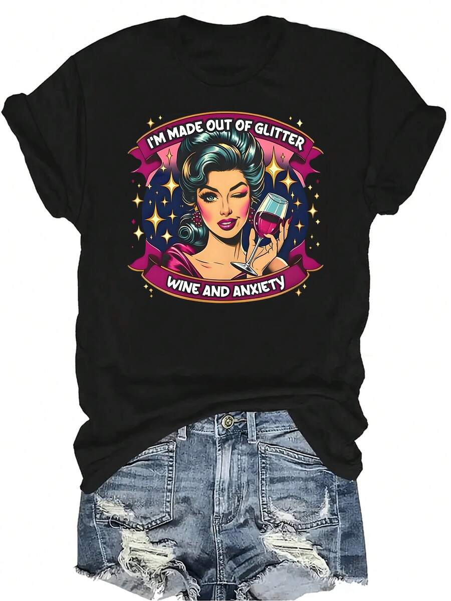Camiseta de ansiedad con brillo para vino, unisex, de verano, casual, transpirable, con personalidad, de cuello redondo, de manga corta, de uso versátil, adecuada para adolescentes y adultos - Negro - Ver 1