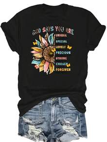 Camiseta para mujer y unisex de verano, casual, transpirable, con personalidad, cuello redondo, manga corta, estilo streetwear y versátil, adecuada para adolescentes y adultos, con el mensaje: "Dios dice que eres único, especial, encantador, precioso, fuerte, elegido, perdonado" - Negro - Ver 1