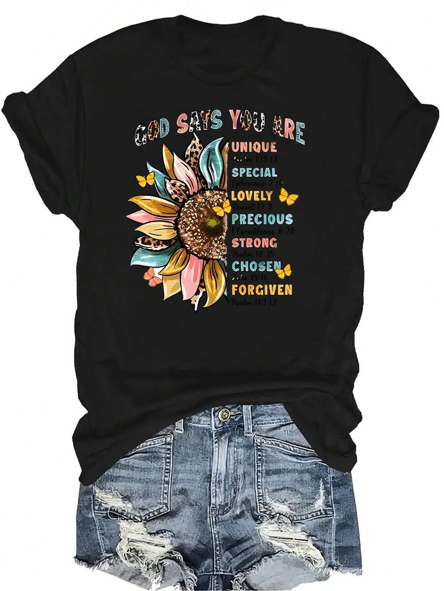 Camiseta para mujer y unisex de verano, casual, transpirable, con personalidad, cuello redondo, manga corta, estilo streetwear y versátil, adecuada para adolescentes y adultos, con el mensaje: "Dios dice que eres único, especial, encantador, precioso, fuerte, elegido, perdonado" - Negro - Ver 1