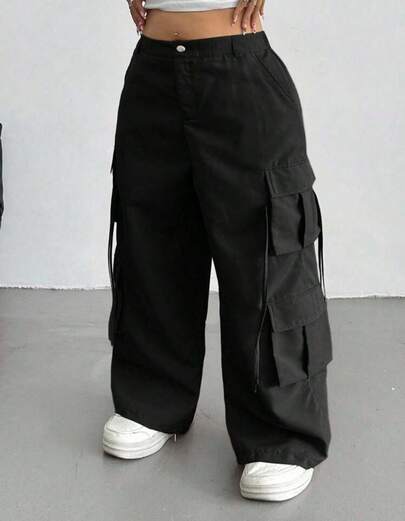 Calça Cargo Reta Casual com Varios Bolsos, Plus Size para Mulheres