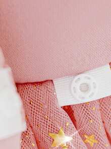 Young Girls' Faux Pearl Shoulder Sequin Mesh Bow Back Elegant Dress, Suitable For Flower Girl, Birthday Party, No Headband Included