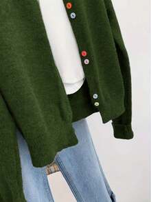 Plus Size Women Colorful Button Casual Long Sleeve Cardigan Round Neck Sweater, Autumn/Winter - Olive Green - View 4