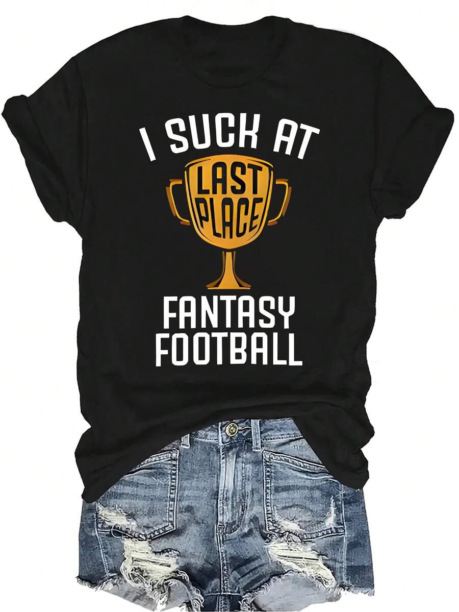 Camiseta "Soy en Fantasy Football" Unisex de verano, casual, transpirable, con personalidad, cuello redondo, manga corta, ropa de calle, versátil, adecuada para adolescentes y adultos - Negro - Ver 1