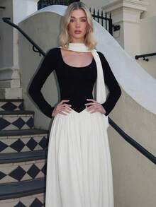 Vestido elegante y sexy de manga larga con cuello en V profundo, cintura con lazo y diseño calado de malla para mujer, Otoño/Invierno 2025