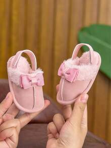 0-1 岁婴幼儿女童鞋，室内家居魔术贴蝴蝶结休闲软底可爱毛绒婴儿女童拖鞋，秋冬