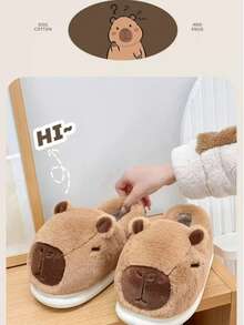 Zapatillas de algodón Capibala para mujer, bolso de otoño e invierno, tacón 2025, nuevo interior, zapatos de algodón de felpa lindos para el hogar - Café integral - Ver 2