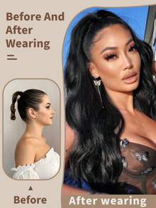 Ponytail Extension Hair Drawstring Clip In Hair Extensions Black 24 Inch Long Natural Wave Heat Resistant Fiber Synthetic Ponytail Hairpiece For Women Daily Used