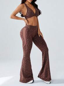 1 zestaw damski seksowny sportowy biustonosz z nadrukiem w panterkę i spodnie dzwony, głębokie V, skręcone ramiączka, odpowiedni do jazdy na rowerze na świeżym powietrzu, jogi, biegania, treningu, brązowy kawowy