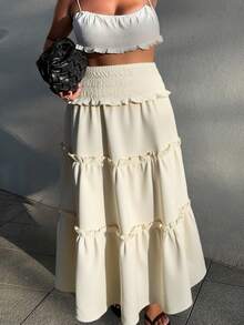 2026 Fall/Winter French Fairy Skirt MOOD WOOD High-Waisted Drawstring Elastic Waist Multi-Layer Ruffled Drape Long A-Line Skirt Beige Skirt - White - View 1