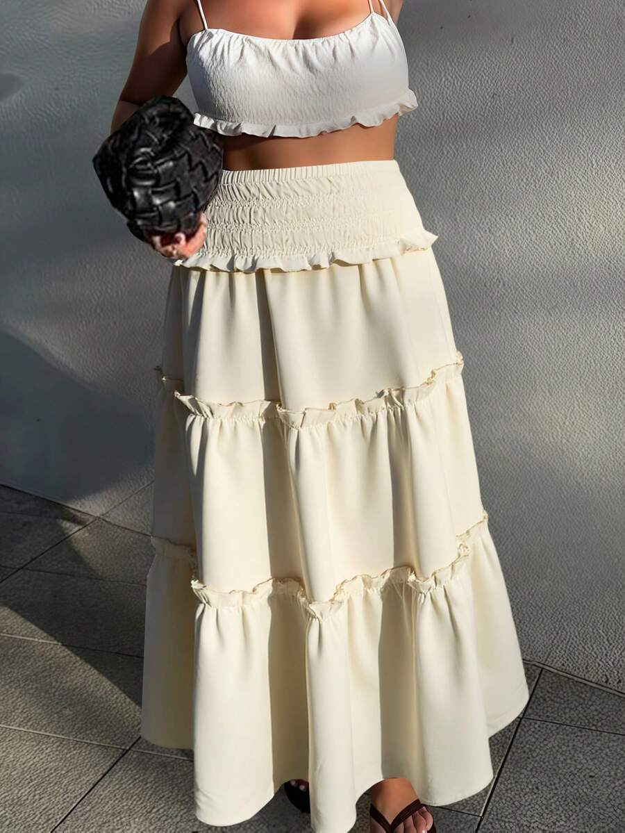 2026 Fall/Winter French Fairy Skirt MOOD WOOD High-Waisted Drawstring Elastic Waist Multi-Layer Ruffled Drape Long A-Line Skirt Beige Skirt - White - View 1