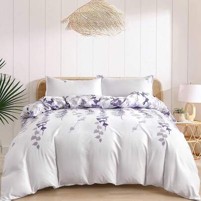 3PCS Double King Size Duvet Cover Sets Botanical Purple King Size Bedding Set Polyester Breathable Stylish Bedding Set With Pillowcases, Purple Leaves, All Season