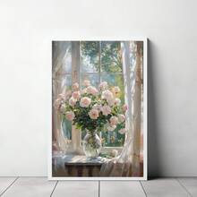 1 件，帆布挂画，带框装饰画，海报，墙面艺术，粉红玫瑰和窗台油画，女孩托儿所装饰，花卉春季墙面艺术，美学客厅装饰，粉色花卉绘画植物布置装饰，春季装饰主题，春季家居装饰 - 彩色 - 查看 9
