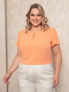 ONLYONE - PLUS SIZE WOMEN'S BLOUSE, SHORT SLEEVE, PRINCESS, PLEATES, LIGHT DUNES NECKLINE - ELEGANT WOMEN'S BLOUSES, LARGE - 鮭魚 - 查看 3